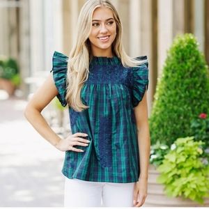 Green and Blue Plaid Ruffle Sleeve Blouse